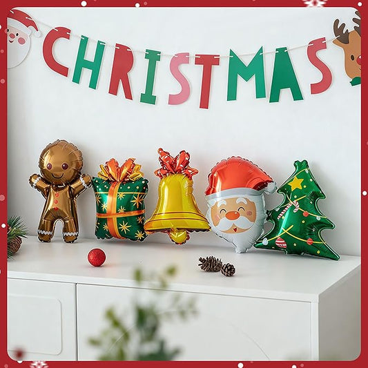 Clearance Vrukiaa Christmas Foil Balloon Decor Conjoined Mylar Balloons with Gingerbread, Santa Claus,Gift Box,Christmas Tree, Xmas Bell for Themed Party Supplies Decorations Party