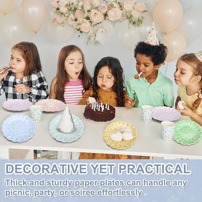 Yungyan 30 Pcs Ditsy Floral Paper Plates - 9.5'' Ditsy Scalloped Disposable Party Paper Plates Rainbow Scalloped Dessert Tableware for Christmas Winter Wedding Birthday Baby Shower Party Supplies