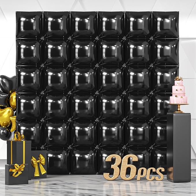 NISOCY 36PCS Black Square Foil Balloons Wall Backdrop Metallic Double Sided Black Balloon Tunnel Arch Kit for New Year Birthday Baby Shower Graduation Party Decorations