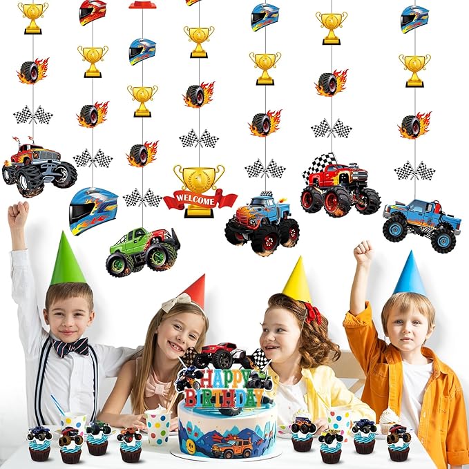 Daifunli 8 Pcs Truck Party Decorations Monster Truck Hanging Garlands Streamer Cutouts Race Car Theme Birthday Banner Backdrop for Boy Car Baby Shower Party Supplies Home Wall Ceiling Decor