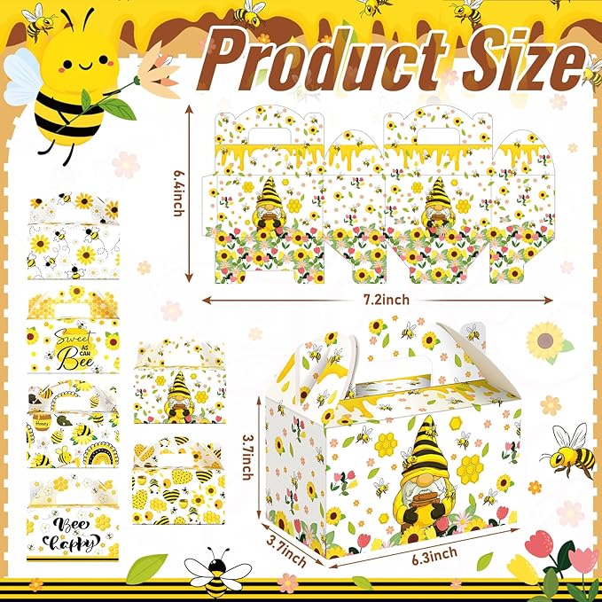 Dunzoom 24 Pcs Bee Festival Decor Bee Gnome Boxes Candy Boxes with Handles Treat Goodie Gift Bags for Birthday Baby Shower Party Supplies