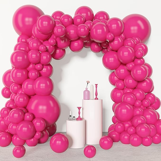 Amandir 153 Pcs Hot Pink Balloons Arch Garland Kit, Different Sizes 18 12 10 5 Inch Hot Pink Latex Balloon for Mothers Day Wedding Anniversary Baby Shower Princess Birthday Party Decorations