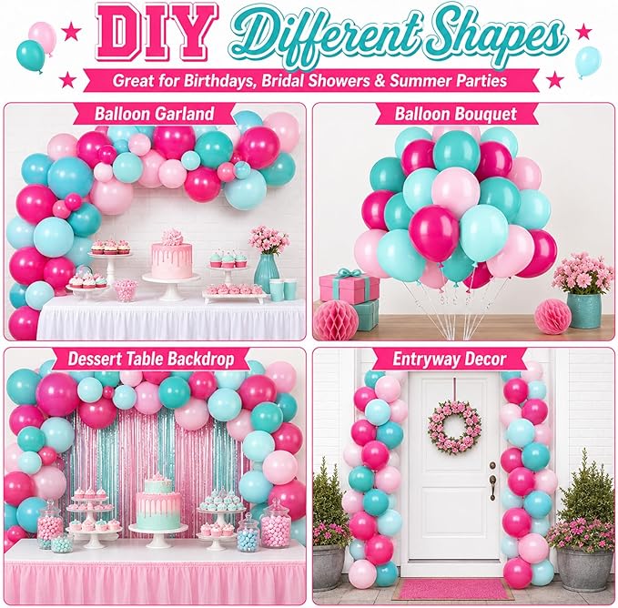 Teal and Pink Balloons, 60PCS Teal Pink Balloon Set, 12 Inch Blue Rose Red White Latex Metallic Confetti Balloons for Baby Shower Birthday Wedding Bridal Shower Hawaii Summer Party Decor