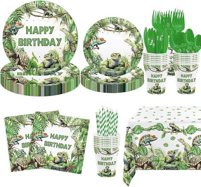 MEHOFOND Reptile Birthday Party Decorations - Happy Birthday Reptile Snake Plates and Napkins - Snake Turtle Palm Leaf Jungle Paper Plates Cups with Tablecloths, Reptile Bday Party Supplies, Serve 24
