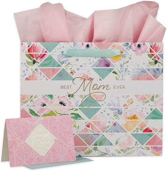 Christian Art Gifts Large Landscape Gift Bag for Women w/Scripture Greeting Card & Tissue Paper Set: Best Mom Ever - Wrapping Essential for Mothers Day, Birthdays, Holidays, Multicolor Florals w/Gold