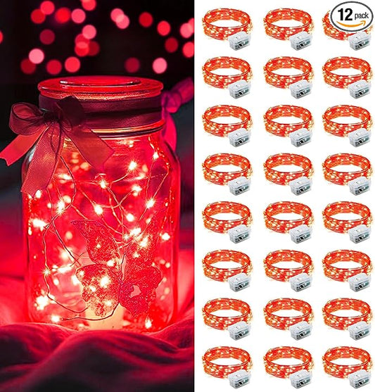 AIKEI 24 Pack LED Fairy Lights Battery Operated, Mini String Lights Waterproof 7ft 20 Led Firefly Starry Lights for Valentines Day Wedding Party Bedroom Garden Christmas Decoration Red