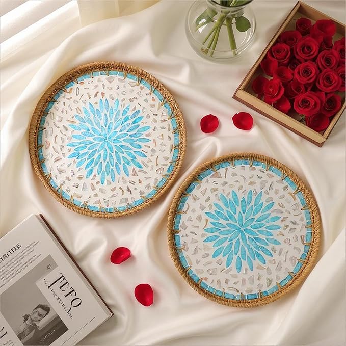 Round Rattan Tray with Mother of Pearl Inlay, Handwoven Wicker Coffee Table Serving Basket Tray for Fruit Snack Party Picnic Cafe Bedroom Kitchen Home Decor Set of 2 (Blue Star)