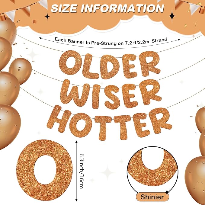 Fulmoon Set of 3 Pre Strung Older Wiser Hotter Glitter Banner Funny Birthday Banner for Women 30th 40th 50th 60th 70th 80th Birthday Party Decorations Sign Gift(Orange)