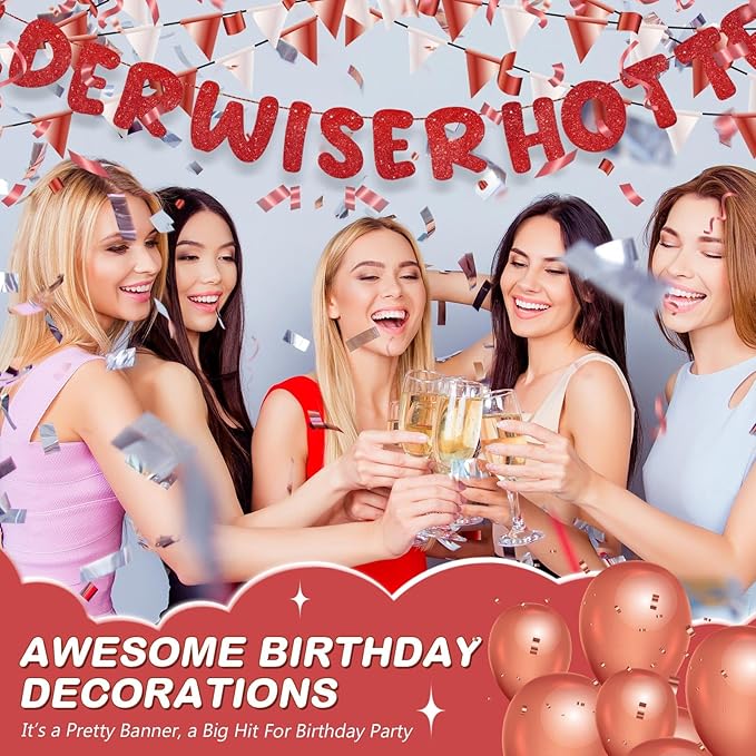 Fulmoon Set of 3 Pre Strung Older Wiser Hotter Glitter Banner Funny Birthday Banner for Women 30th 40th 50th 60th 70th 80th Birthday Party Decorations Sign Gift(Red)