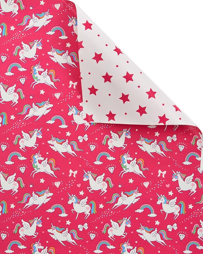 American Greetings Reversible Birthday Wrapping Paper for Kids, Dinosaurs and Unicorns (3 Rolls, 120 sq. ft)