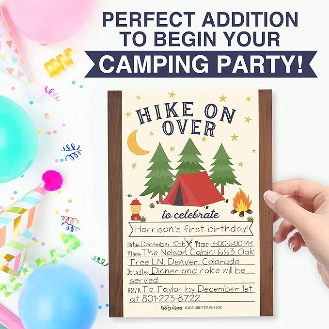 Hadley Designs Kids Birthday Invitations For Boys Camping Theme - 25 Camp Out Birthday Party Invitations For Boys, Camping Invites For Boy, Cute Outdoor Party Supplies, Made In USA