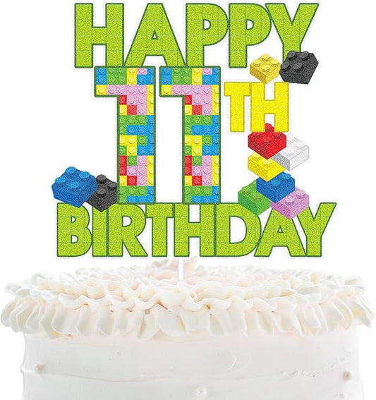 Happy 11th Birthday Building Block Cake Topper - Puzzle Games Boy's 11th Birthday Party Green Cake Topper Supplies - Building Block Party Decoration For Boy