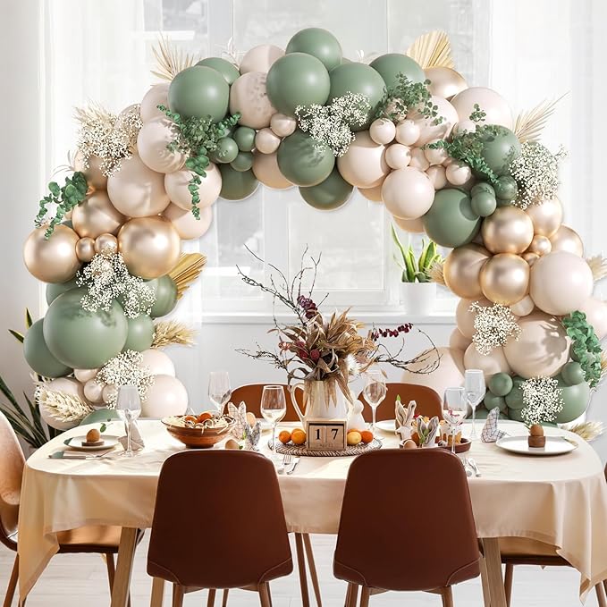 130Pcs Sage Green Gold Balloon Garland Arch Kit with Sage Green Sand White Gold Balloons for Baby Shower Bridal Shower Birthday Engagement Wild One Party Decorations