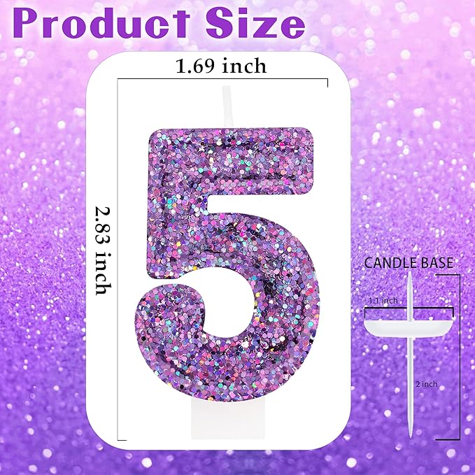 Deep Purple Glitter Birthday Candles for Girls - Number 5 Candle Cake Topper for Purple Fairy Birthday Party Decorations