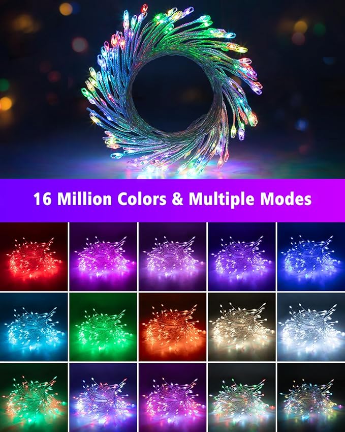 echosari Fairy Lights Plug in, 10Ft 120 LED Cluster Lights with Remote APP Control, Color Changing Firecracker String Lights with Timer Music & Mic Sync for Christmas Holiday Party Decor