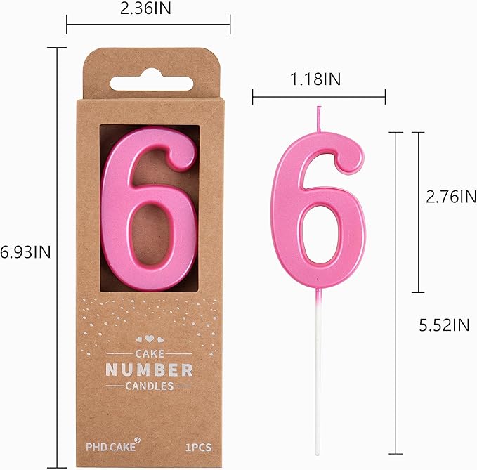 PHD CAKE 2.76 Inch Modern Pink 6 Number Birthday Candles, Pink Number Candles, Cake Number Candles, Party Celebration