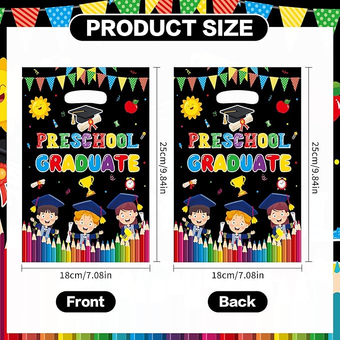 MOIZYNG 50Pcs Preschool Graduation Gift Bags with Handles, Black Preschool Graduate Plastic Snack Treat Goodie Bags for Boys Girls Class of 2026 Ceremony School Prom Party Supplies