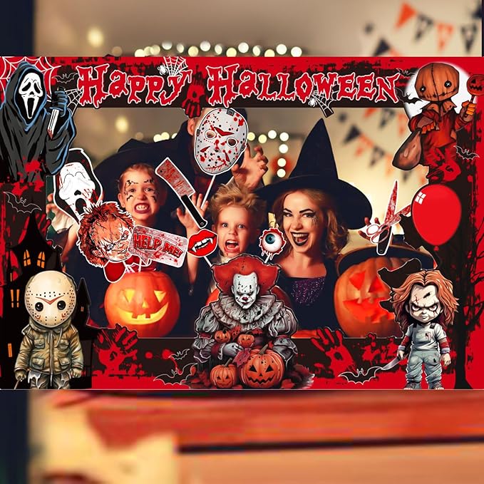 Halloween Photo Booth Props Kit, 16PCS Photo Props & Selfie Frame Halloween Party Decoration Supplies Dress Up Party Costumes Accessories for Photoshoot Selfie Props (Red)
