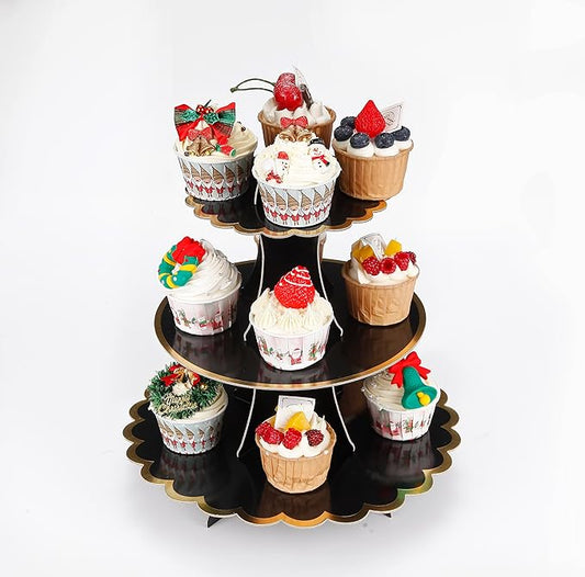YLDW Cupcake Stand with Lace Trim, 3-Tier Cupcake Stand Display, Cardboard Cup Cake Tower Stand, Disposable Dessert Stand for Birthday Tea Party Baby Shower Treat Decorations, Black