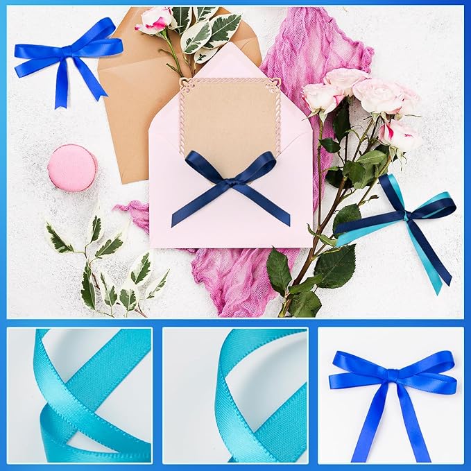 Blue Satin Ribbon 3/8 Inch 60Yds Navy Blue Royal Blue Light Blue Ribbon Assorted Solid Color Thin Double Faced Satin Ribbon for Flower Bouquet Wedding Invitation Crafts Gift Wrapping Hair Bows