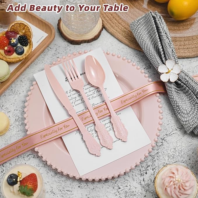 150PCS Heavy Duty Pink Plastic Silverware, Pink Plastic Cutlery Set, Disposable Flatware Includes 50 Forks, 50 Spoons, 50 Knives for Party, Wedding, Baby Shower, Easter and Mother's Day