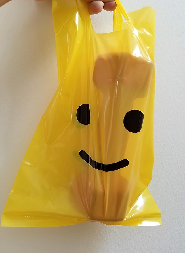 L LIFETIME Smile! Yellow Party Favors Bags Super Strong 24 Pack Loot Birthday Emoji Treat Plastic Bag, 9 x 6 inch - Birthday Gift Bag for Kids Boys and Girls - Plastic Gift Bags with Handles