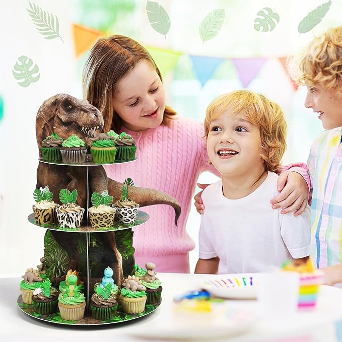 Censen 3 Tier Dinosaur Cupcake Stand Party Decorations Dinosaur Theme Cupcake Holder Decorations Dino Dessert Tower for Kids Dino Jungle Theme Party Birthday Supplies(Classic)