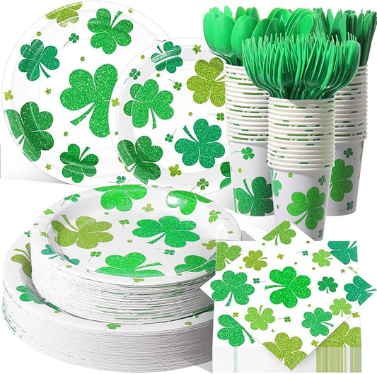 Pickmesh 400 Pcs St. Patrick's Day Party Plates and Napkin Decoration Lucky Shamrock Paper Tableware Cups Knives for Wedding Green Shamrock Themed Irish Festival Party Supplies Serve 50