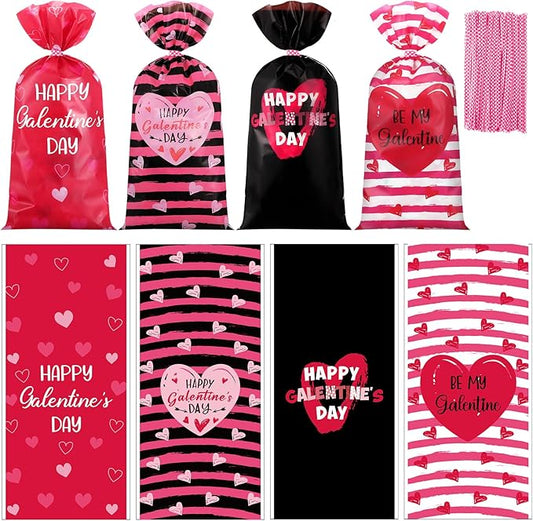 Marspark 100 Pcs Happy Galentine's Day Gift Bags 10.8 x 5 Inch Galentines Goodie Candy Heart Cellophanetreat Bags Party Favors Birthday Valentines Party Supplies Decorations for Women
