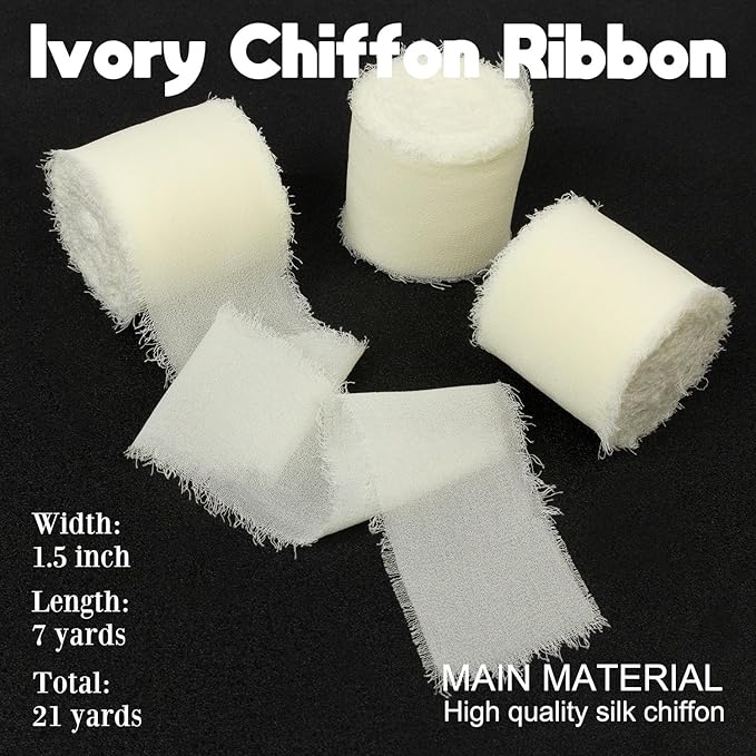 Ivory Chiffon Ribbon 1-1/2 Inch x 21Yards Handmade Fringe Chiffon Silk Ribbon Boho Frayed Ribbon Ivory Ribbon for Wedding Invitation, Bridal Flower Bouquets, Floral Arrangement, Gift Wrapping