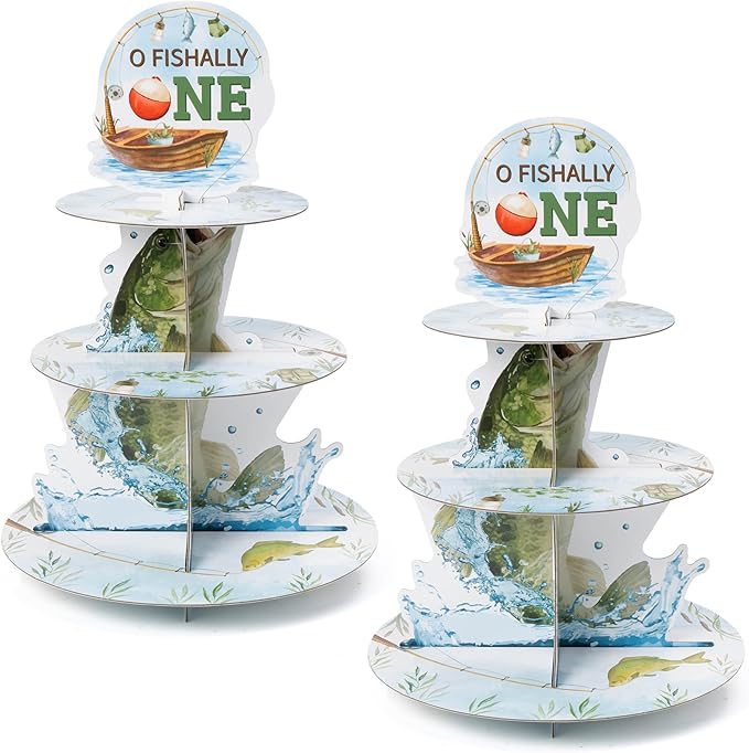 2Sets Go Fishing Cupcake Stand Decorations 3 Tier Ofishally One Birthday Decorations Gone Fishing 1st Cupcake Stand Dessert Tower Holder for Kids Baby Shower Little Fisherman Birthday Party Favor