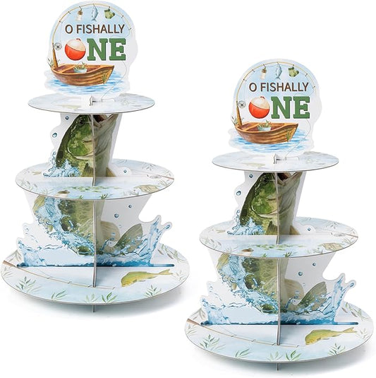 2Sets Go Fishing Cupcake Stand Decorations 3 Tier Ofishally One Birthday Decorations Gone Fishing 1st Cupcake Stand Dessert Tower Holder for Kids Baby Shower Little Fisherman Birthday Party Favor