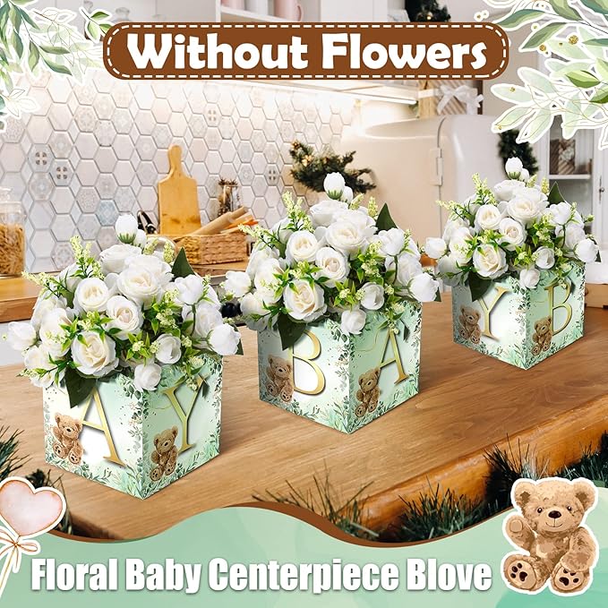 Bucherry 6 Pcs Baby Shower Centerpieces with Letters, 7" Baby Blocks Flower Boxes for Table Decorations, Gender Reveal Party Supplies & Photo Props(Green,Green Bear)