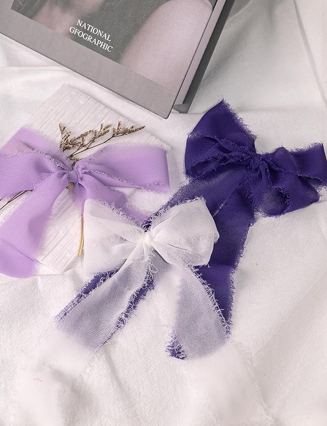 Chiffon Ribbon, Purple White 1.5''x21Yd Frayed Fringe Silk Ribbon for Gift Wrapping, Handmade Ribbons for Crafts, Wedding, Halloween, Birthday, Graduation, Engagement, Bridal Shower, 3 Rolls