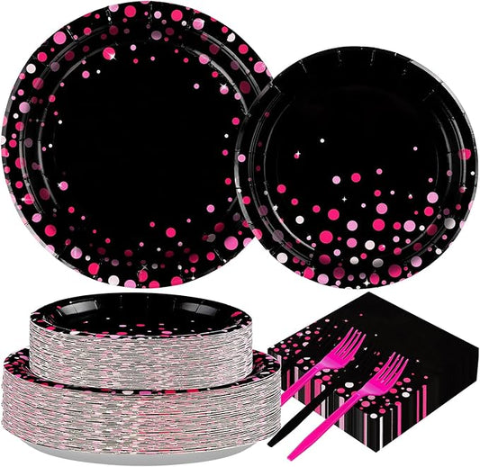 200Pcs Hot Pink and Black Birthday Party Decorations for Girls Hot Pink Dots on Black Party Plates and Napkins Tableware Sets for Bachelorette Birthday Bridal Shower Wedding Decorations,Serves 50