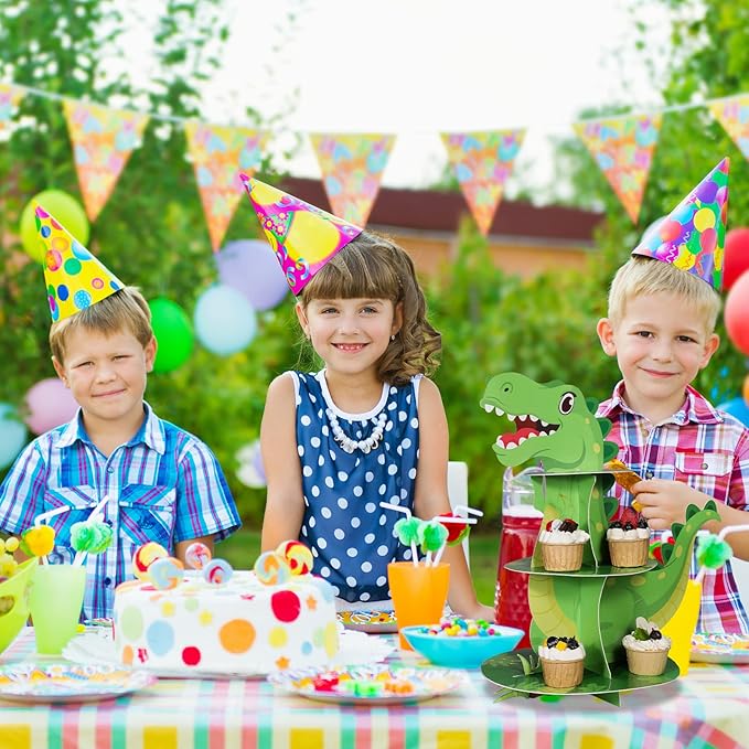 Censen 3 Tier Dinosaur Cupcake Stand Party Decorations Dinosaur Theme Cupcake Holder Decorations Dino Dessert Tower for Kids Jungle Dino Theme Party Birthday Supplies (Lovely)