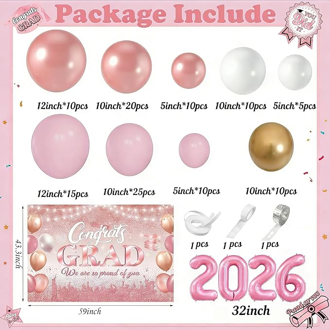 Pink Graduation Balloon Arch Kit 2026 with Rose Gold Balloons, Grad Backdrop, 2026 Foil Balloons for Prom Girl's High School College Graduation Party Decorations
