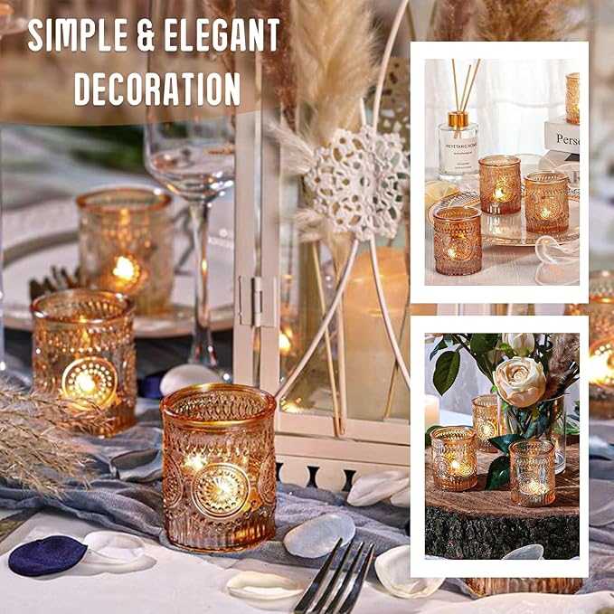 12 Pcs Amber Glass Votive Candle Holders, Tealight Candle Holders for Table Centerpieces, Vintage Candle Holder Bulk, Boho Wedding, Home, Bridal Shower, Birthday Party Table Decor (Amber)