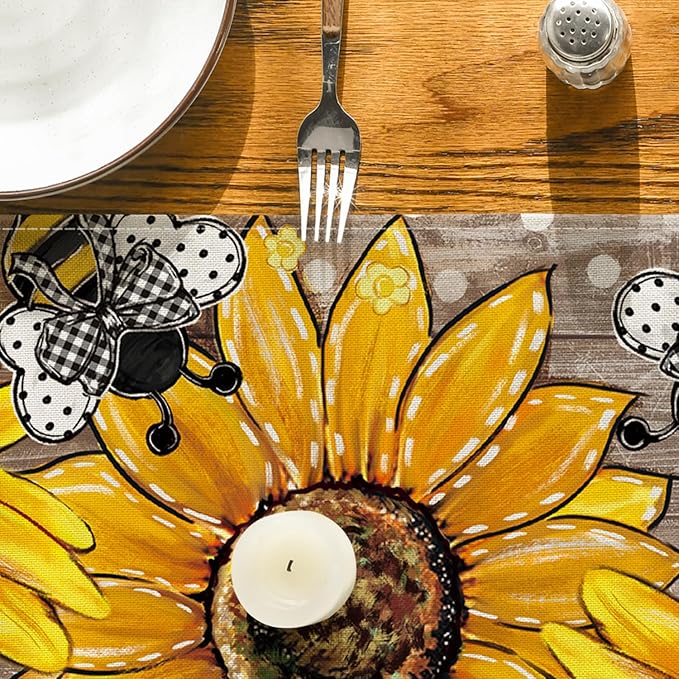 Artoid Mode Wood Sunflower Bee Flower Polka Dot Summer Table Runner, Seasonal Kitchen Dining Table Decoration for Home Party Decor 13x108 Inch