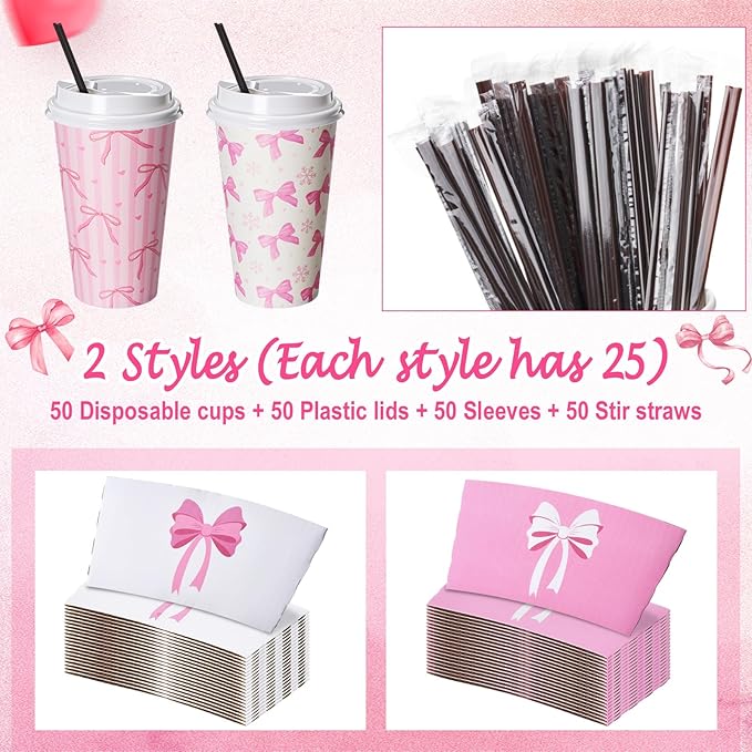 Jingmore 50 Set Pink Bow Coffee Cups with Lids, Straws and Sleeves Pink Bowknot Disposable Drinking Cup for Wedding Coquette Birthday Baby Shower Bachelorette Party Supplies (16 oz)
