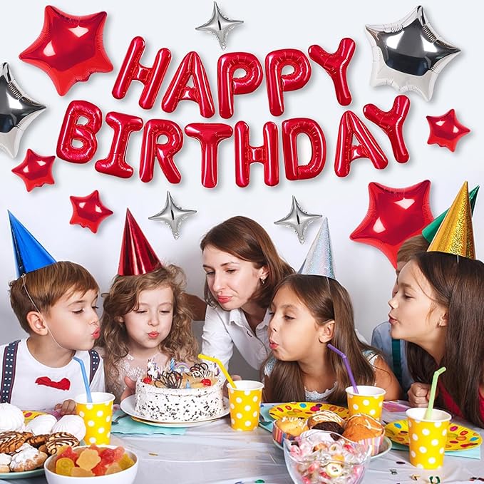 CANREVEL Happy Birthday Banner 13pcs 16 Inch Mylar Foil Letters Sign Balloons Birthday Party Decorations for Kids and Adults - 3D Red