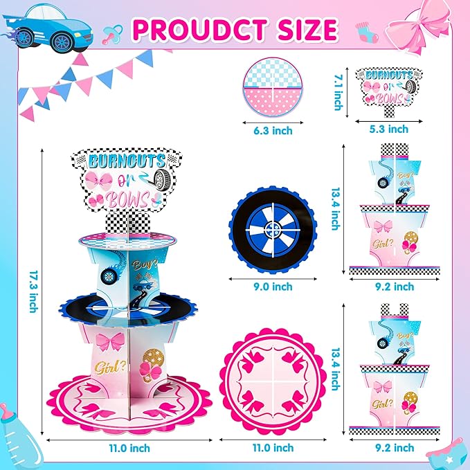 Haooryx Burnout or Bow Gender Reveal Cupcake Stand - 3-Tier Pink Blue Racing Bow Cupcake Tower Cardboard Dessert Holder for Boy or Girl Baby Shower He or She Gender Reveal Party Table Decoration