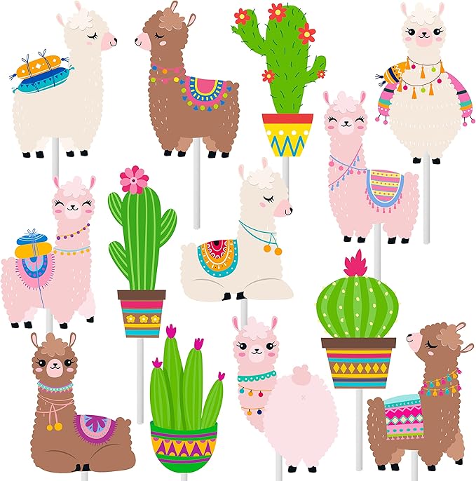 Llama Cactus Cupcake Toppers Cute Llama Alpaca Cactus Cake Cupcake Picks Decorations for Mexican Fiesta Theme Birthday Party Cinco De Mayo Party Supplies