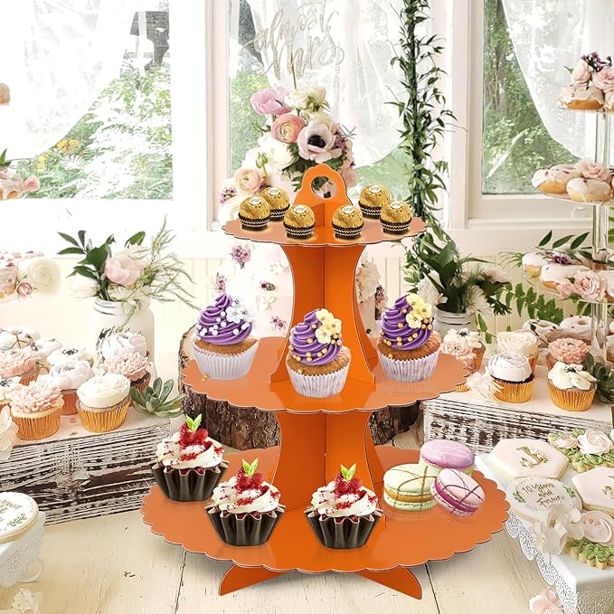 Soleebee 3-Tier Cupcake Stand, Cardboard Cupcake Tower, Dessert Cup Cake Stand Tower for Birthday Wedding Party Decoration, Cupcake Tier Stand 2 Set (Orange)