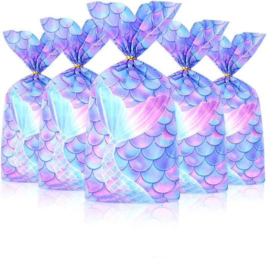 Mikzhskr Mermaid Party Favors - 30 Pcs Decorations, Cookie Goodie Candy Gift Bags, Little Mermaid Cellophane Treat Bags With 30 Pcs Gold Twist Ties for Birthday Party Supplies