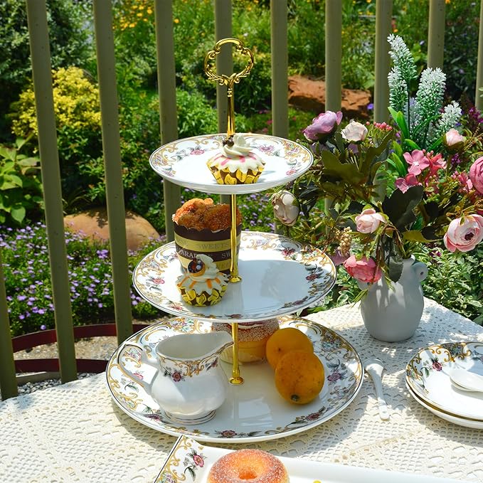 ACMLIFE 3-Tier Serving Stand Porcelain Cupcake Stand 3-Tier Tray Stand Bone China Afternoon Tea Stand Perfect for Tea Party