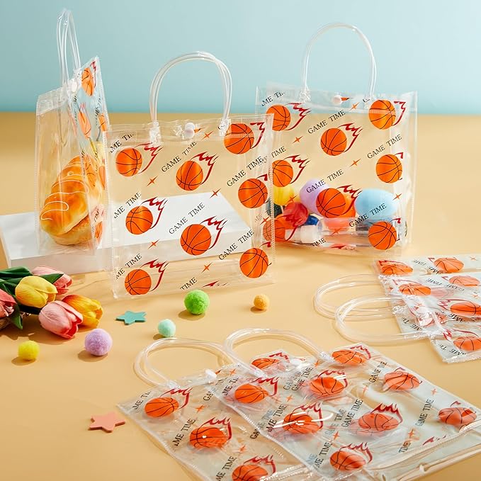 24Pcs Basketball Clear PVC Gift Bags with Handles Bulk 8 x 8 x 3In Sport Theme Goodie Treat Candy Bags Basketball Team Present Wrap Tote Bag for Boys Birthday Party Favor Baby Shower Decors Supplies