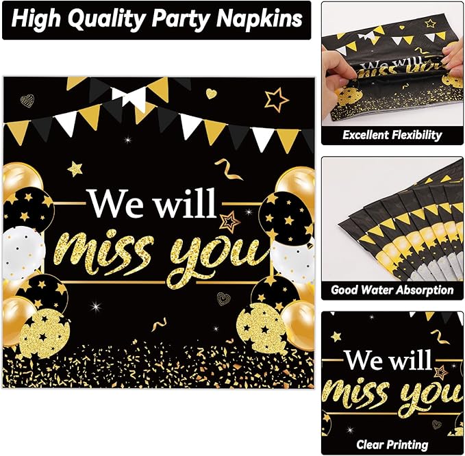 50 Guests We Will Miss You Plates and Napkins Party Supplies Farewell Party Decoration Disposable Paper Cake Tableware Set Black and Gold Goodbye Party Dinnerware Favor for Employee Retirement, 200PCS