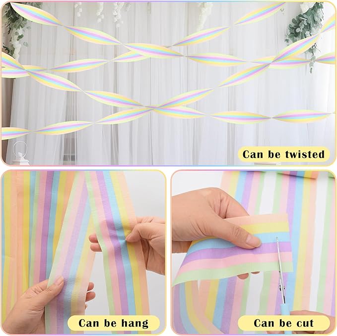 Oubest 12 Rolls Pastel Crepe Paper Streamers - 394 Ft Colorful Party Streamers Bulk for Birthday, Wedding, Baby Shower Decorations, Rainbow Crepe Paper Roll for Backdrop Ceiling Doorway DIY Crafts