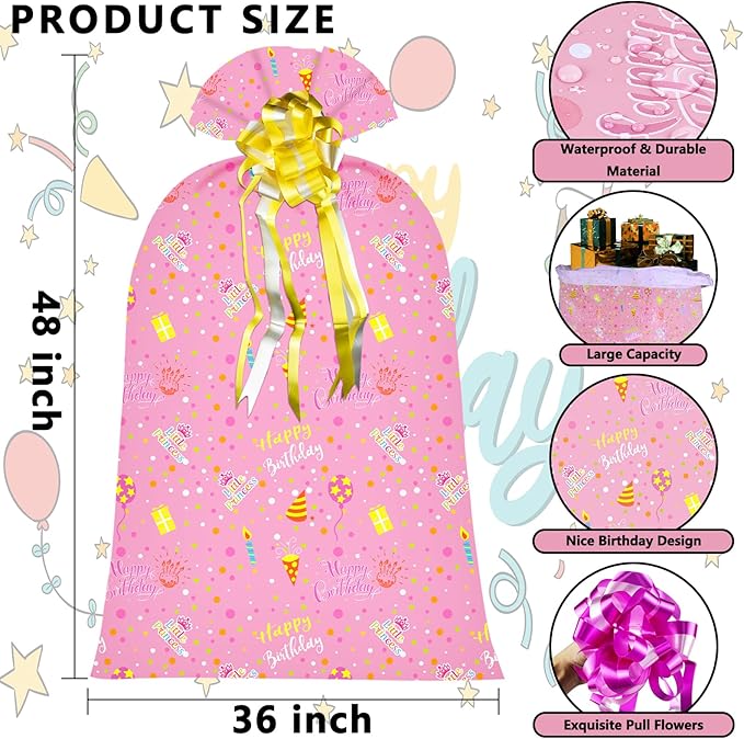 2 Pcs Large Gift Bags Oversized Plastic Storage Bags 48"x 36" with 2 Pcs Pull Bows for Huge Big Birthday Gift Presents Wrapping, Kids Bike Gift Bags, Birthdays, Parties, New Parents Baby Showers